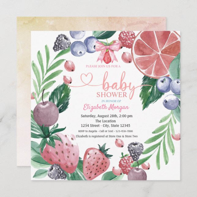 Invitación Watercolor Fruits Berry Sweet Baby Shower (Anverso / Reverso)