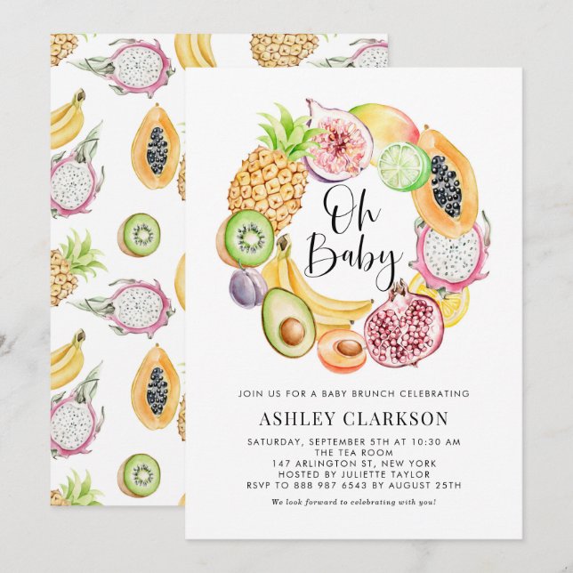 Invitación Watercolor Frutos Tropicales Baby Shower Brunch (Anverso / Reverso)