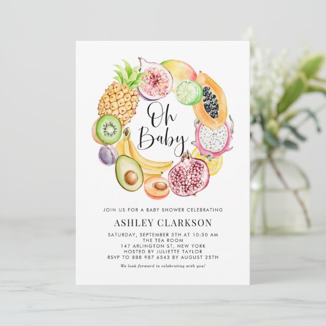 Invitación Watercolor Frutos Tropicales Baby Shower de verano (Anverso de pie)