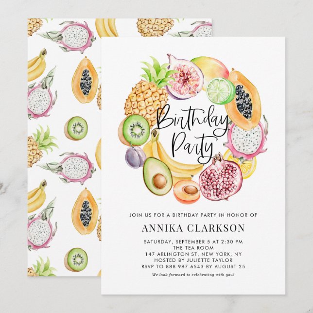 Invitación Watercolor Frutos Tropicales Fiesta de cumpleaños  (Anverso / Reverso)