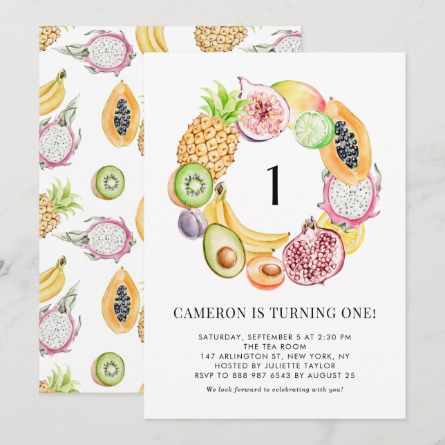 Invitación Watercolor Frutos Tropicales Primer cumpleaños de  (Anverso / Reverso)