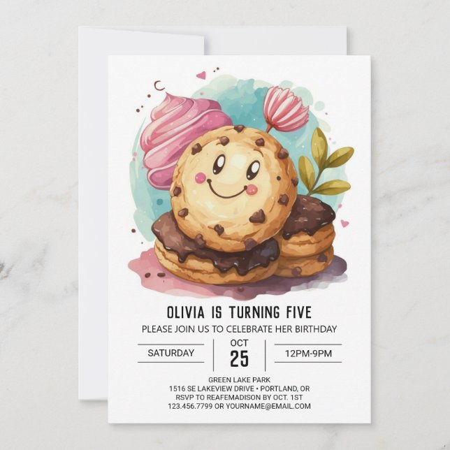 Invitación Watercolor Fun Boho Cookies Cumpleaños (Anverso)