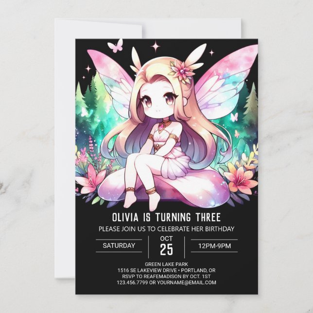 Invitación Watercolor Fun Fairy Birday (Anverso)