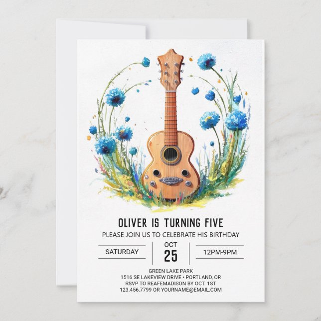 Invitación Watercolor Fun Guitar Boy Cumpleaños (Anverso)