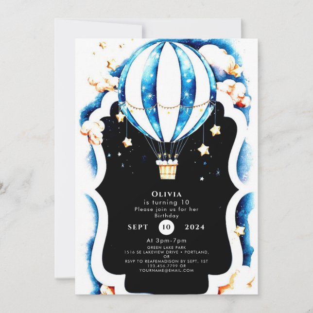 Invitación Watercolor Fun Hot Air Balloon Birday (Anverso)