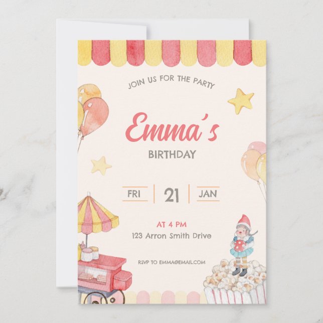 Invitación Watercolor Fun Park Tema Cumpleaños (Anverso)
