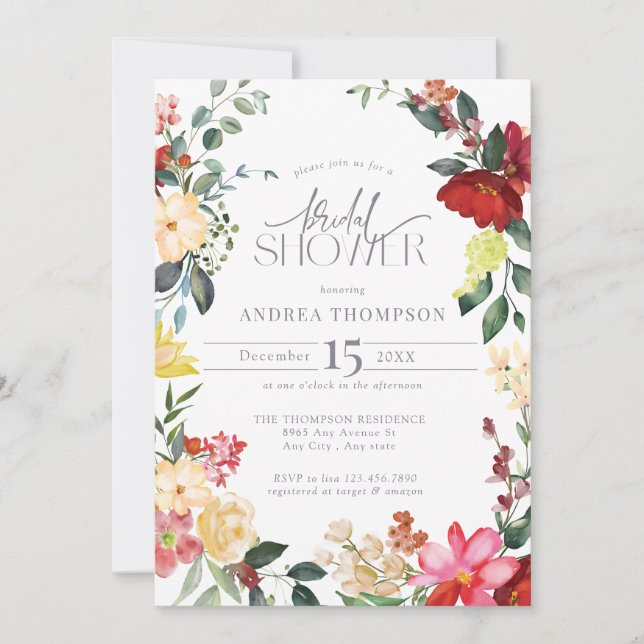 Invitación Watercolor Garden Flores Bridal Shower (Anverso)
