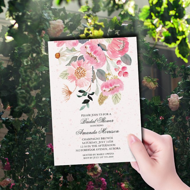 Invitación Watercolor Garden Flores Bridal Shower (Pink garden flowers bridal shower invitations)