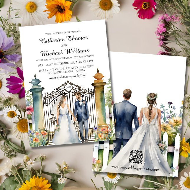 Invitación Watercolor Garden Gate Wildflowers Boda QR Code (Subido por el creador)