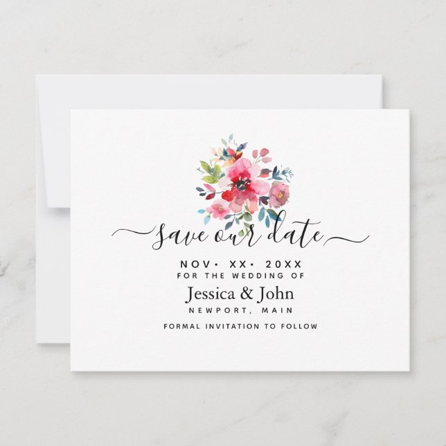 Invitación Watercolor Garden Rosa, Salve nuestra Fecha (Anverso)