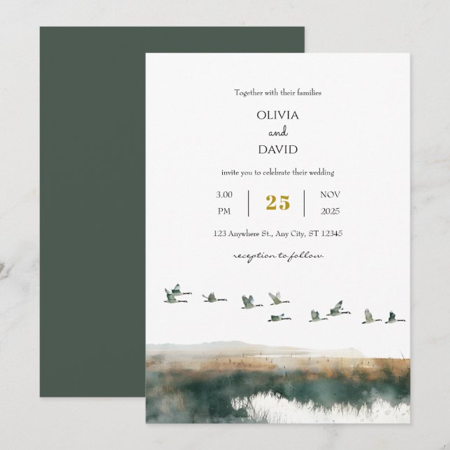 Invitación Watercolor Geese Coastal Twilight Beach Wedding (Anverso / Reverso)