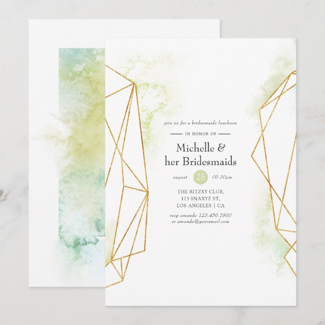 Invitación Watercolor Geométrica Cristal Bridesmaids Luncheon (Anverso / Reverso)