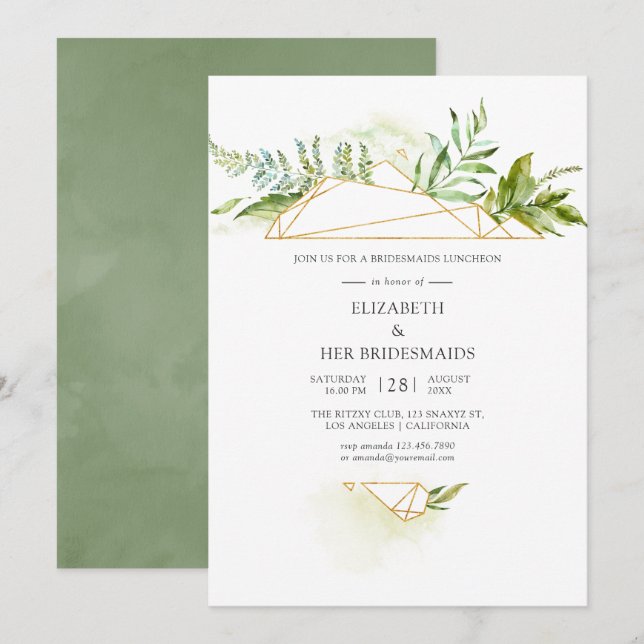 Invitación Watercolor Geométrica Cristal Bridesmaids Luncheon (Anverso / Reverso)