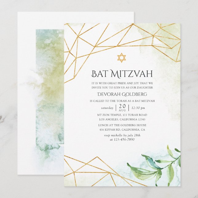 Invitación Watercolor Geométrico Bat Mitzvah (Anverso / Reverso)