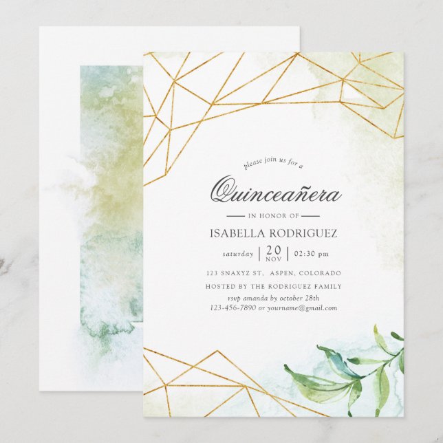 Invitación Watercolor Geométrico Crystal Quinceañera (Anverso / Reverso)