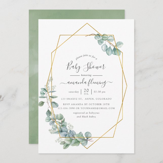 Invitación Watercolor Geométrico Eucalyptus Baby Shower (Anverso / Reverso)