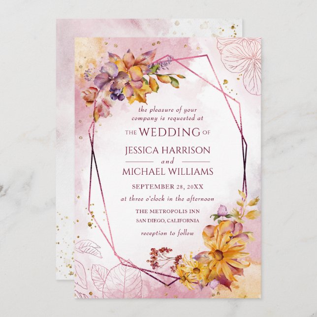 Invitación Watercolor Geométrico Floral Fall Marsala Boda (Anverso / Reverso)