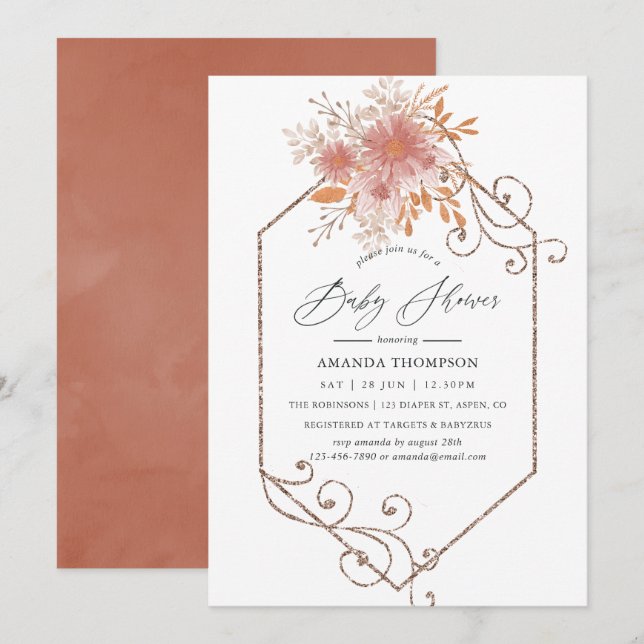 Invitación Watercolor Geométrico Terracotta Baby Shower (Anverso / Reverso)