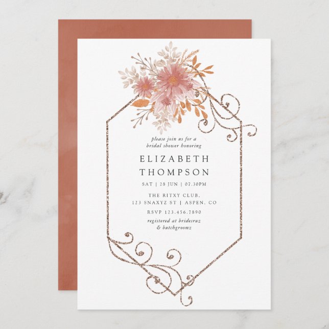 Invitación Watercolor Geométrico Terracotta Bridal Shower (Anverso / Reverso)
