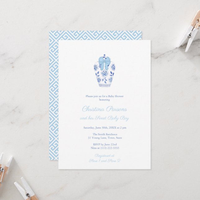 Invitación Watercolor Ginger Jar Blue Ribbon Baby Boy Shower (Anverso/Reverso In Situ)