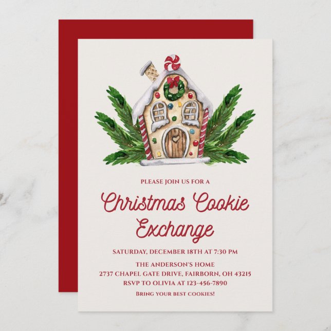 Invitación Watercolor Gingerbread House Cookie Exchange Party (Anverso / Reverso)