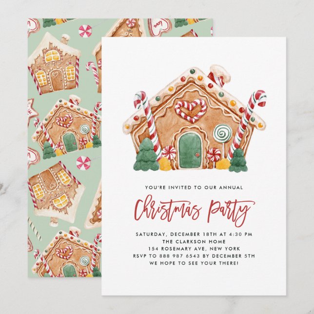 Invitación Watercolor Gingerbread House Navidades Fiesta (Anverso / Reverso)