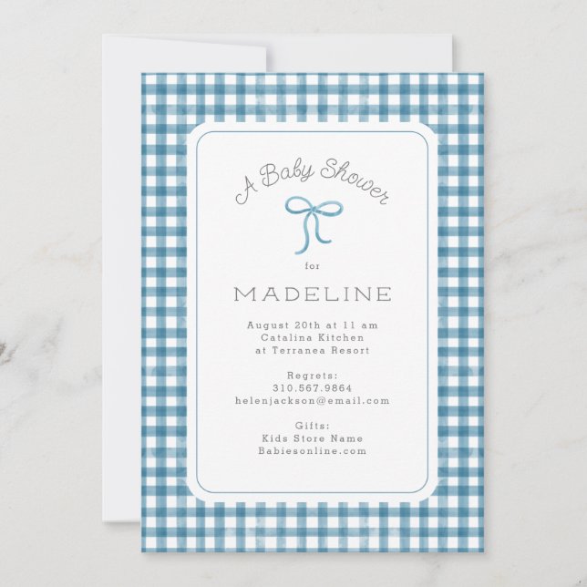 Invitación Watercolor Gingham Blue Baby Shower (Anverso)
