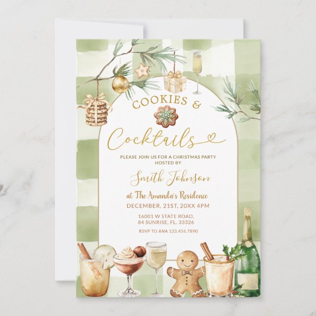 Invitación Watercolor Gingham Cocktail and Cookies Winter (Anverso)