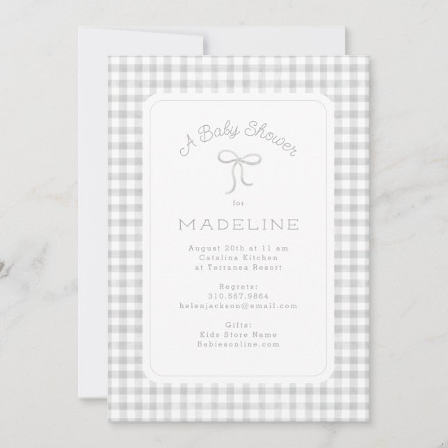 Invitación Watercolor Gingham Light Gray Baby Shower (Anverso)