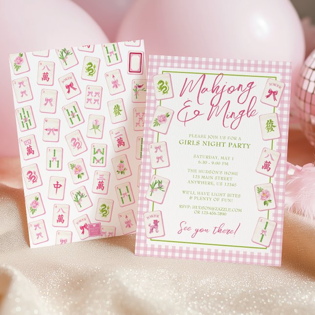 Invitación Watercolor Gingham Pink Bow Mahjong Party (Subido por el creador)