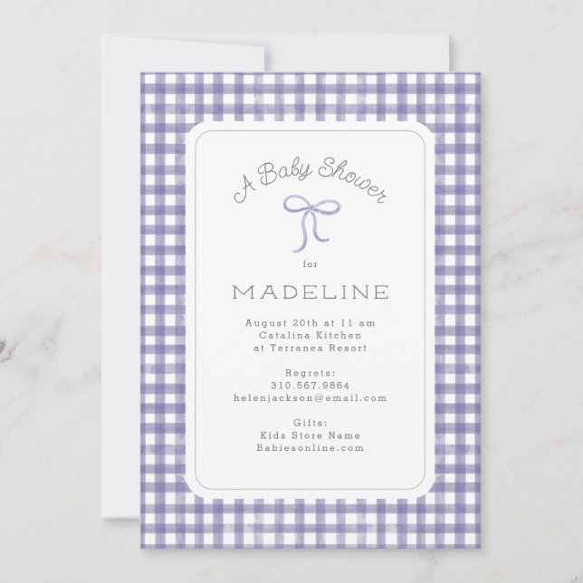 Invitación Watercolor Gingham Purple Baby Shower (Anverso)
