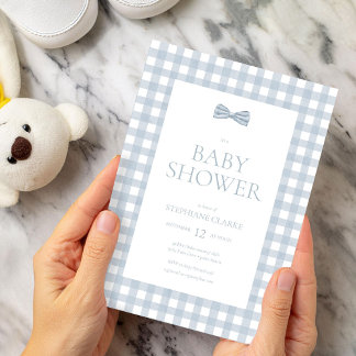 Invitación Watercolor Gingham y Bow Tie Boy Baby Shower