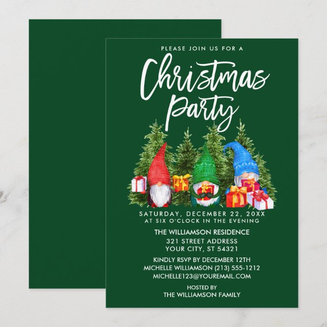 Invitación Watercolor Gnomes Navidades Fiesta Verde (Anverso / Reverso)