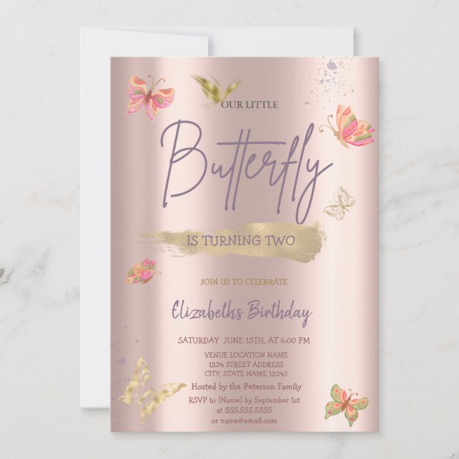 Invitación Watercolor Gold Butterflies Rosa Gold Cumpleaños (Anverso)