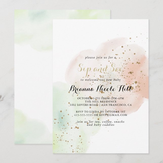 Invitación Watercolor Gold Confetti Sip y See (Anverso / Reverso)