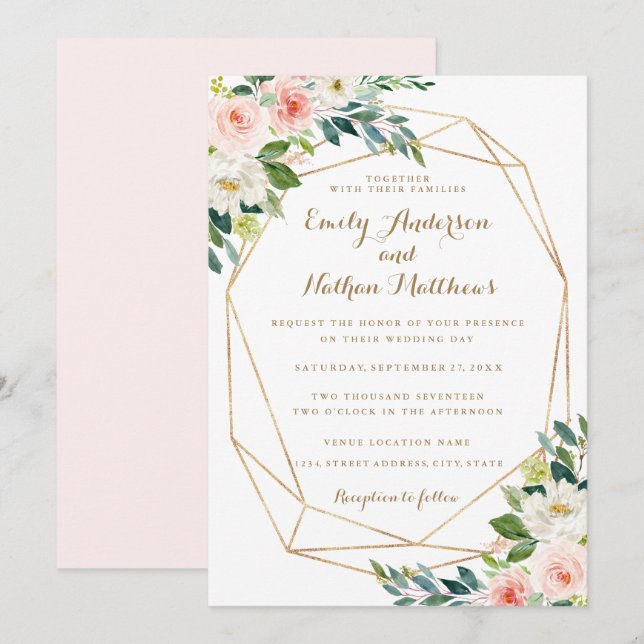 Invitación Watercolor Gold Geométrico Rubor Boda floral (Anverso / Reverso)