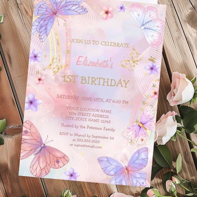 Invitación Watercolor Gold Lilac Butterfly Rainbow Birday (Subido por el creador)