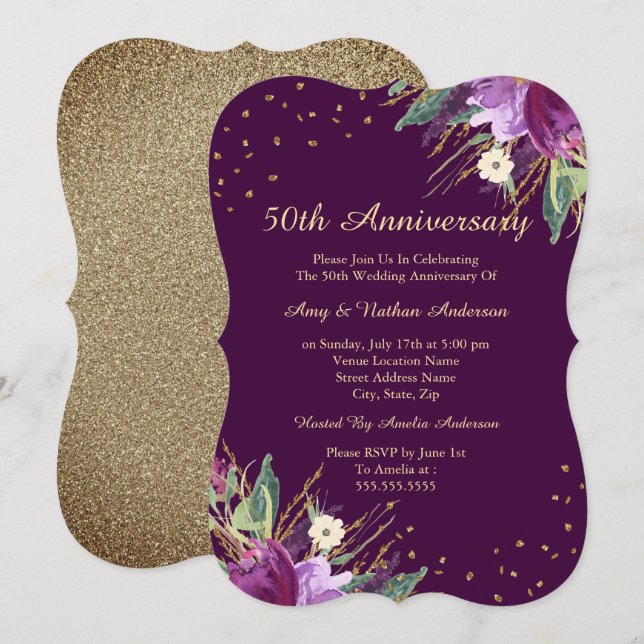 Invitación Watercolor Gold Morado Flor 50 Aniversario (Anverso / Reverso)