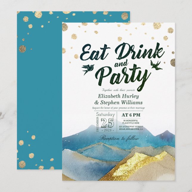 Invitación Watercolor Gold Mountain Beber y Boda Fiesta (Anverso / Reverso)