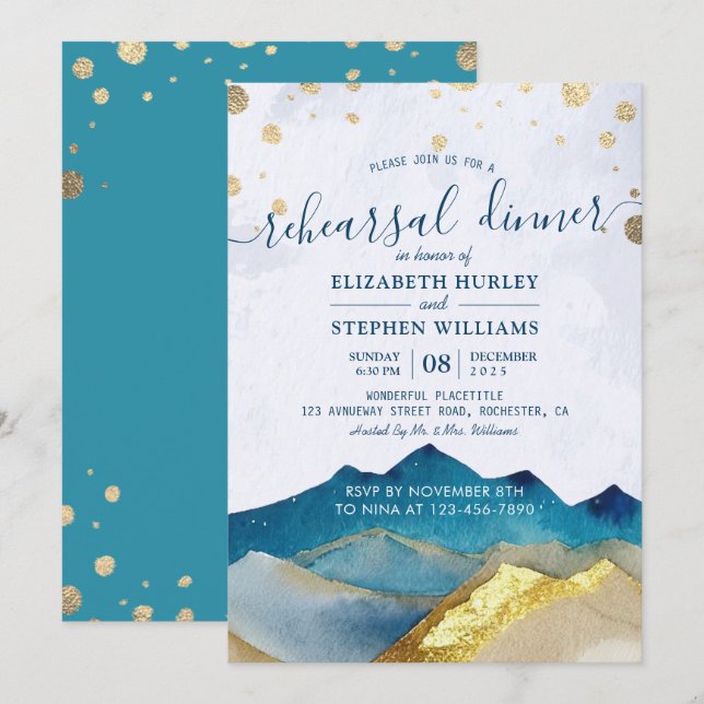 Invitación Watercolor Gold Mountains Boda Ensayo (Anverso / Reverso)