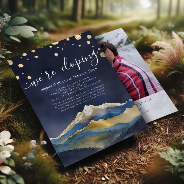 Invitación Watercolor Gold Mountains Foto Boda Elopement (Subido por el creador)