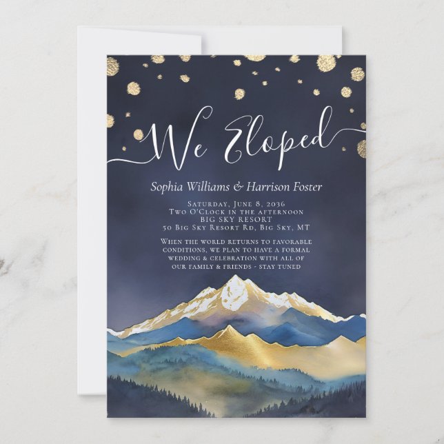 Invitación Watercolor Gold Mountains Foto Boda Elopement (Anverso)