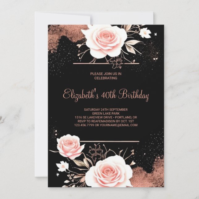Invitación Watercolor Gold Rosa Online 40 cumpleaños (Anverso)