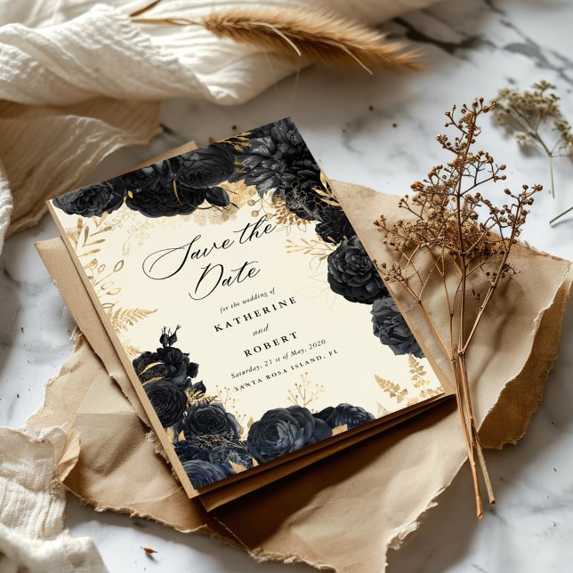 Invitación Watercolor Gold Rosas negros Guardar fecha (Subido por el creador)