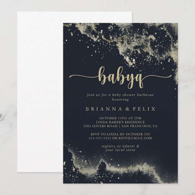 Invitación Watercolor Gold Splash BabyQ Baby Shower Barbecue (Anverso / Reverso)