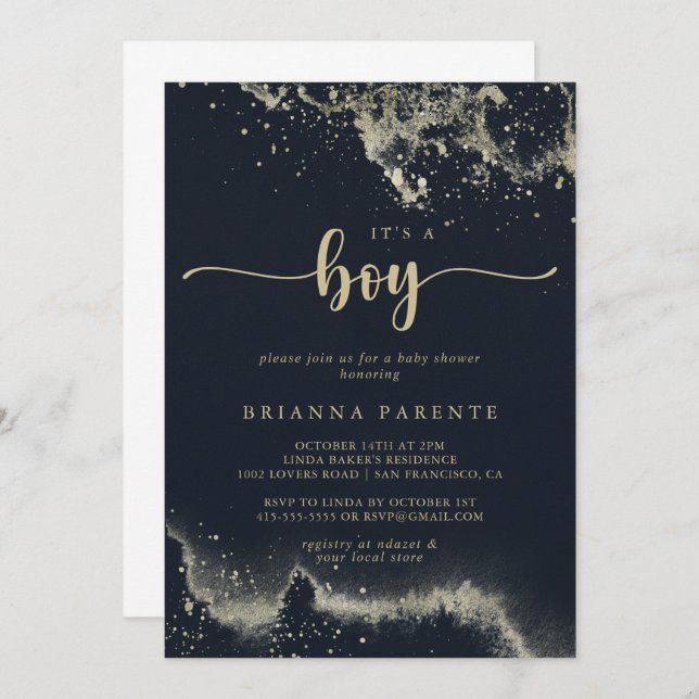 Invitación Watercolor Gold Splash It's A Boy Baby Shower (Anverso / Reverso)