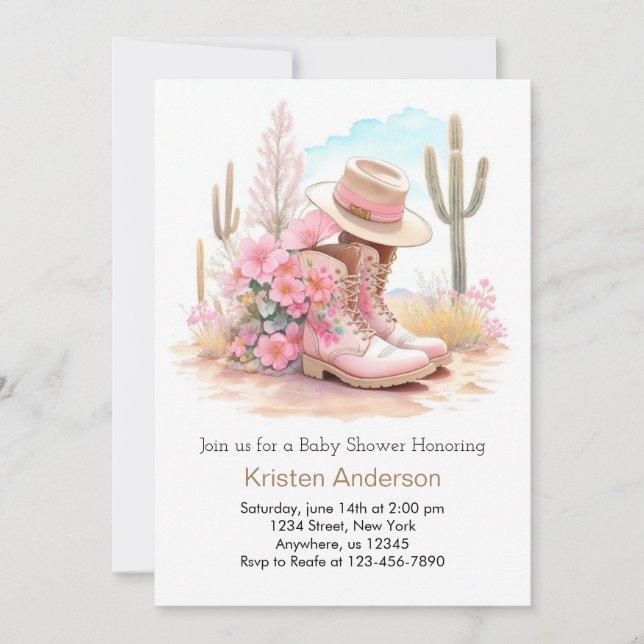 Invitación Watercolor Gorra Vaquero y Boots Baby Shower (Anverso)