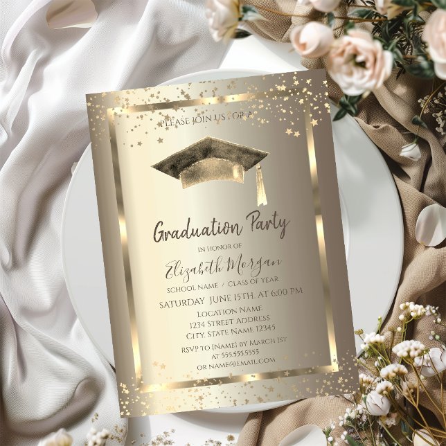 Invitación Watercolor Grad Cap Gold Stars Champagne (Subido por el creador)