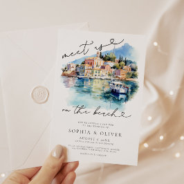 Invitación Watercolor Grecia Beach Destination Wedding