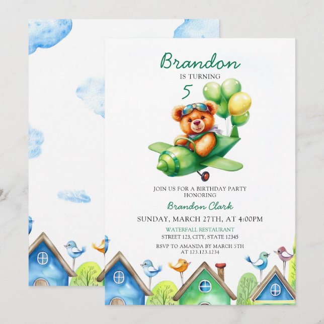 Invitación Watercolor Green Balloons Airplane 5º cumpleaños (Anverso / Reverso)